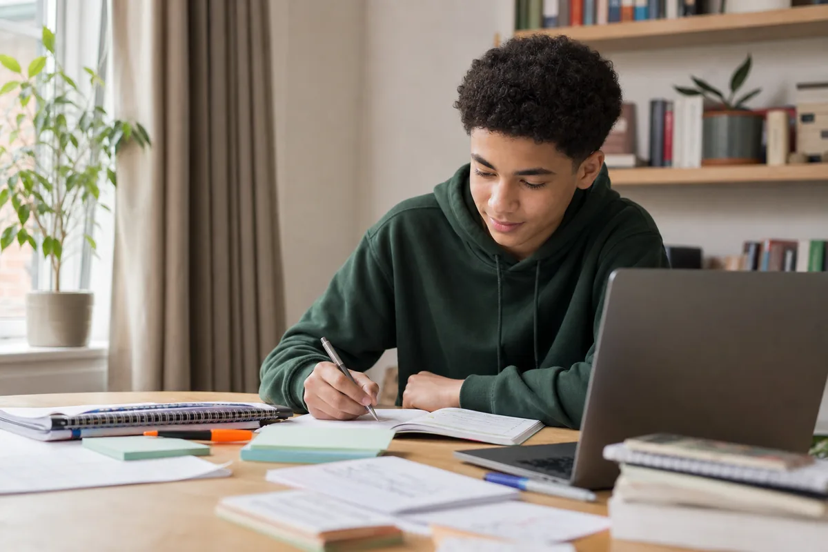 A secondary student completing focused GCSE revision at home